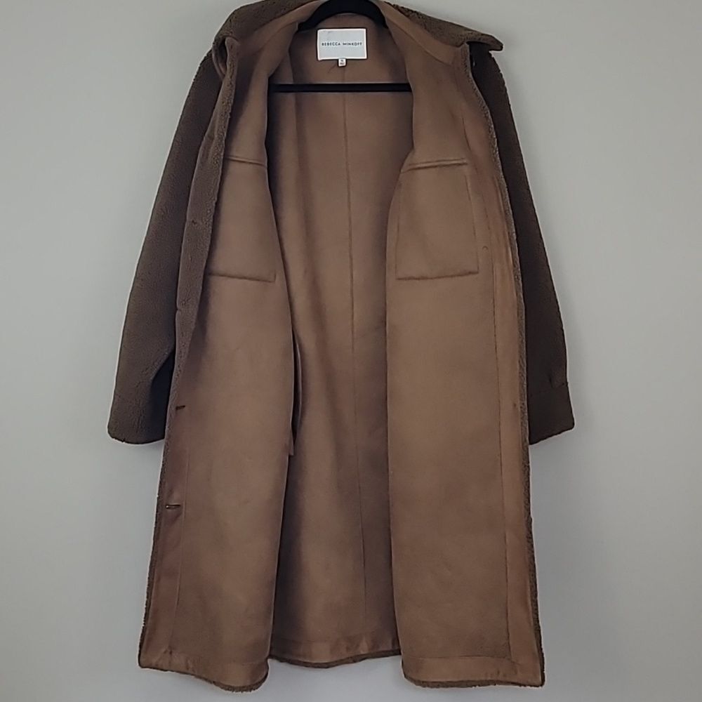 Rebecca Minkoff Brown Faux Shearling Button Down Long Overcoat w/Pockets Size XL - Picture 12 of 15